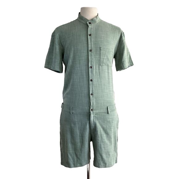 ROMPERJACK Romper Men Green Button Up Short Sleeve Preppy Stretch Cotton XL - Picture 1 of 10
